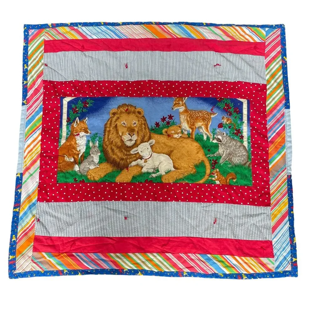 Handmade Patchwork Baby Blanket Bible Theme Lamb Lion Comforter Animals OOAK